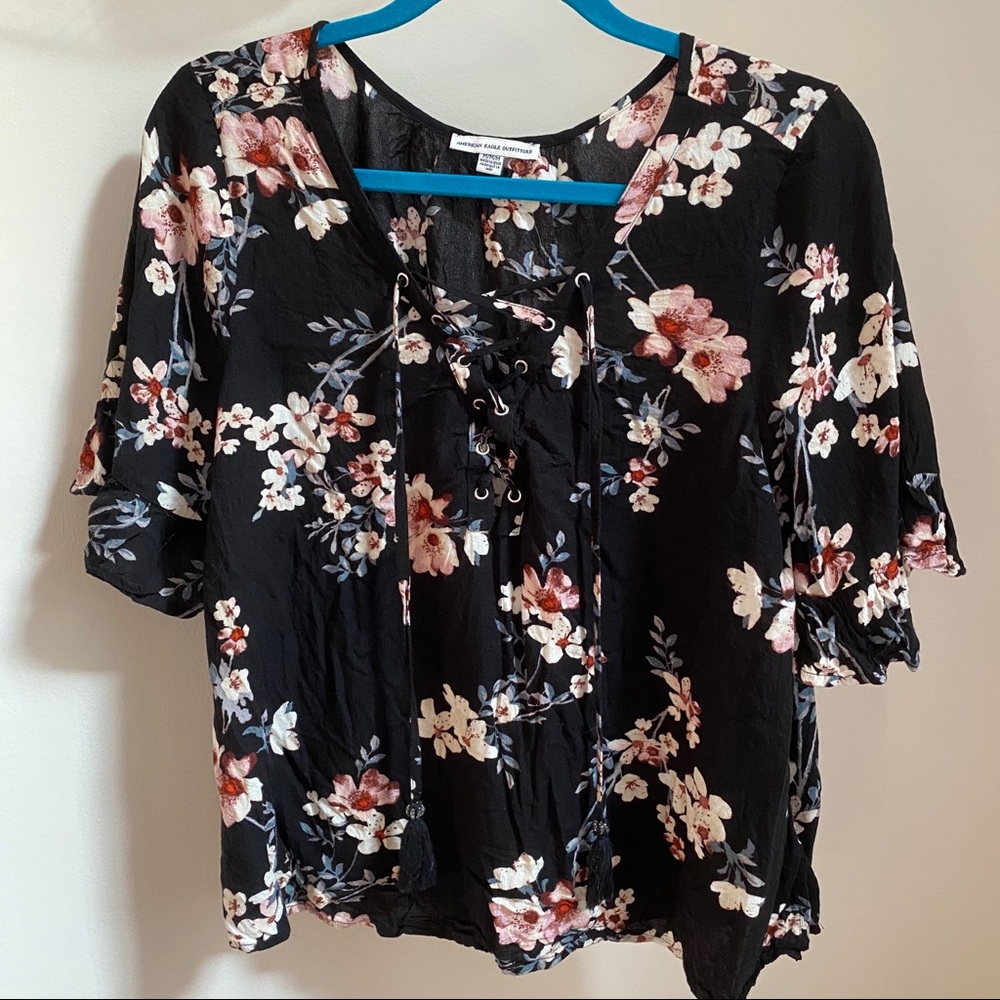 Floral lace up blouse